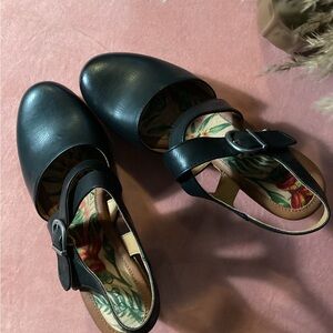 boc Black Leather Mules with Floral Insole